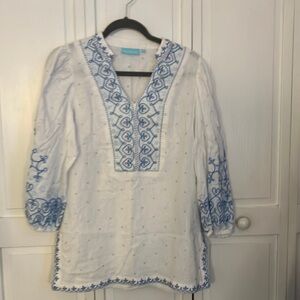 White and Blue Embroidered Women's Top